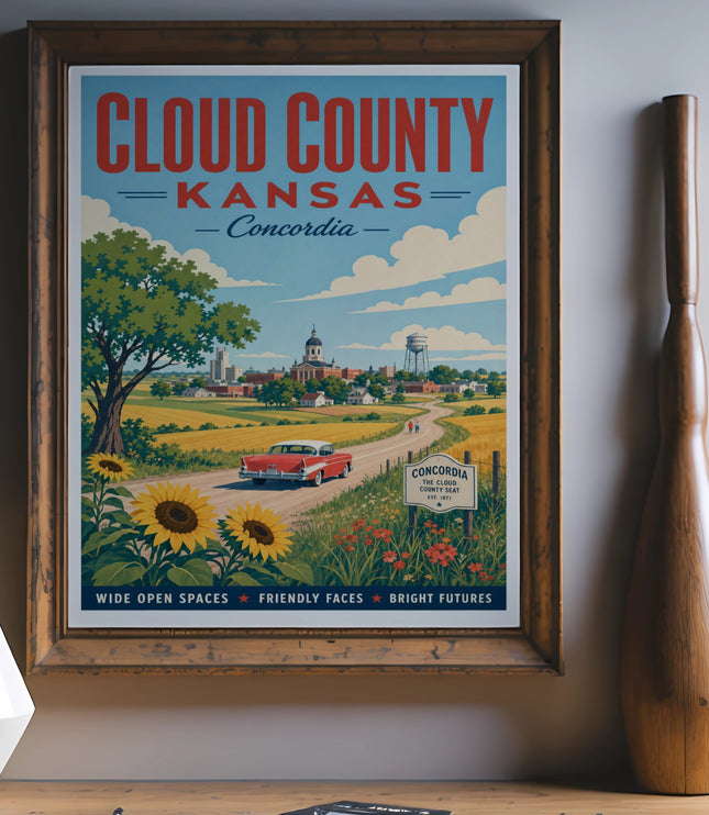 Vintage travel poster for Cloud County, Kansas featuring a red car and town.