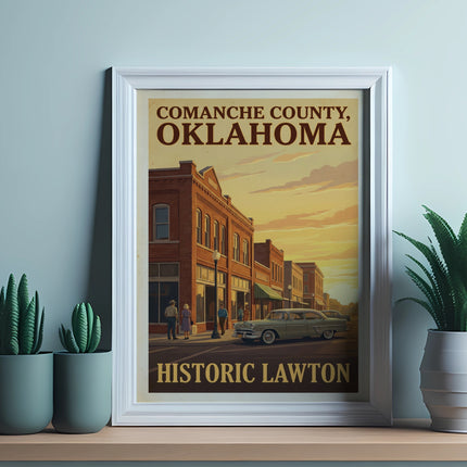 Poster showing "Comanche County, Oklahoma Historic Lawton" with vintage buildings and car.