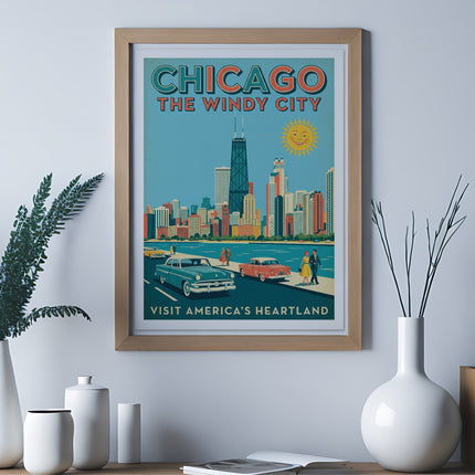 Vintage Chicago The Windy City travel poster with skyline and cars.