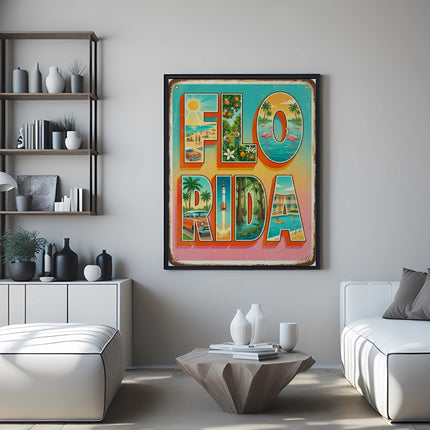 "FLORIDA" postcard with beach, palm trees, and flamingos in a living room.