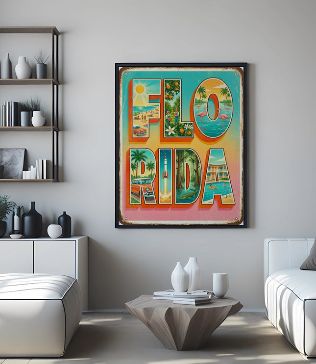 "FLORIDA" postcard with beach, palm trees, and flamingos in a living room.