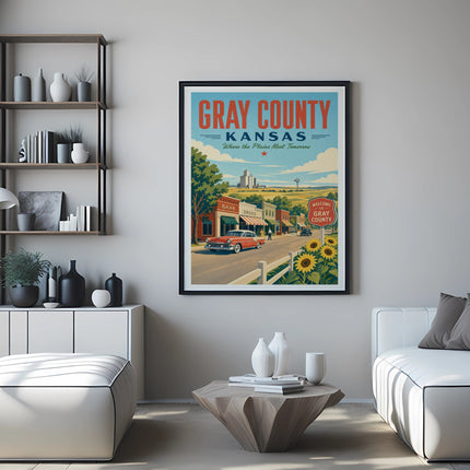 Gray County, Kansas poster with vintage car and sunflowers.