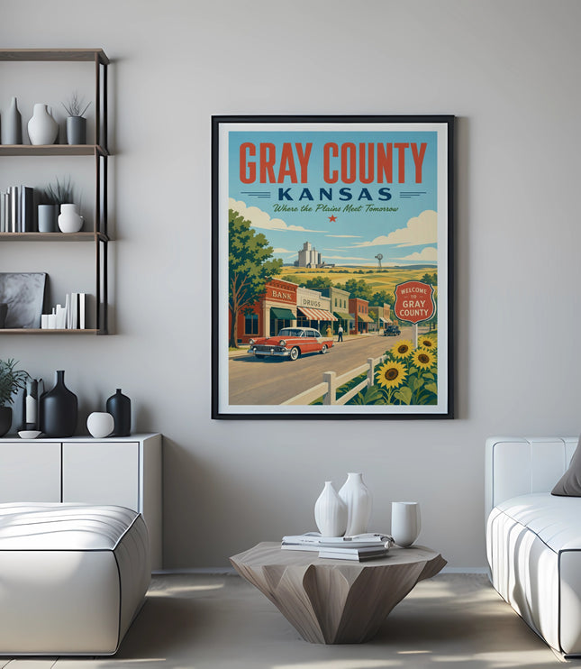 Gray County, Kansas poster with vintage car and sunflowers.
