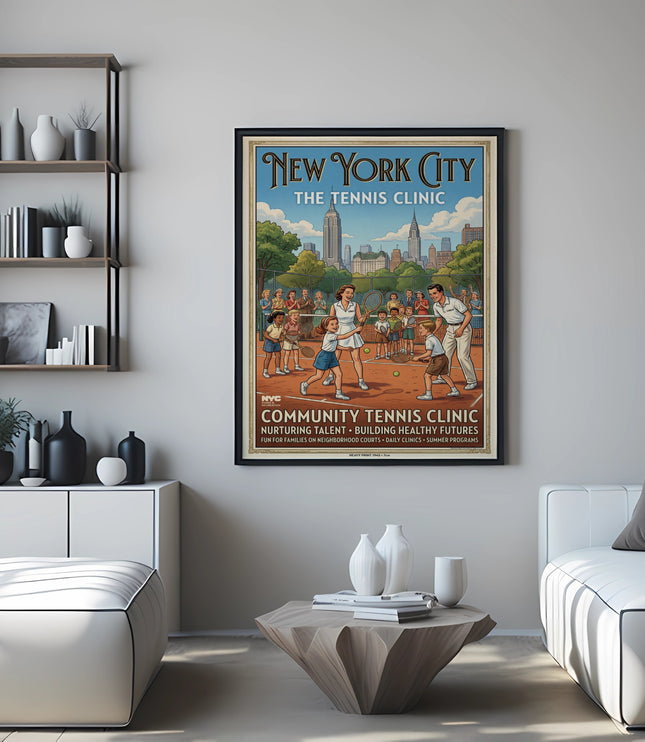 New York City The Tennis Clinic poster with a tennis scene and cityscape.
