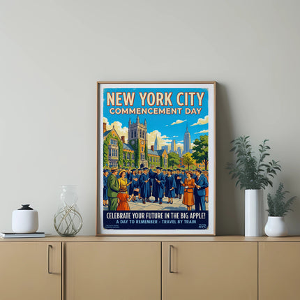 New York City Commencement Day poster with graduates celebrating in front of buildings.