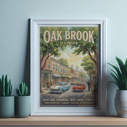 Oak Brook Illinois vintage travel poster with classic cars and shops.