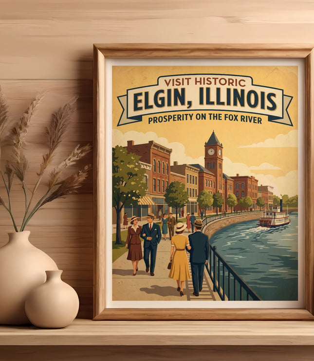 Vintage poster of Elgin, Illinois, showing a riverfront with buildings and people.