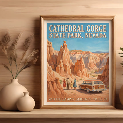 Vintage poster of Cathedral Gorge State Park, Nevada with a family and station wagon.