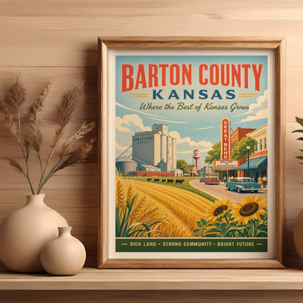 Barton County, Kansas vintage travel poster with wheat fields and sunflowers.