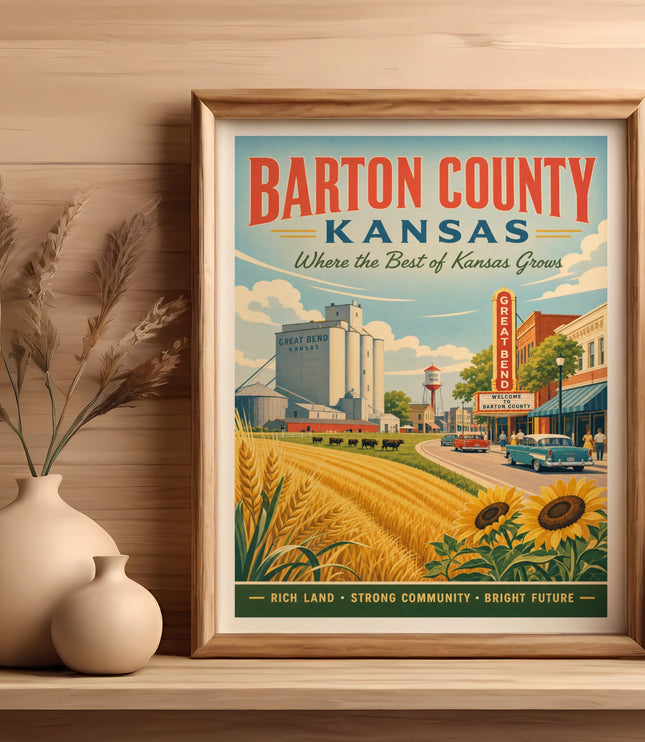 Barton County, Kansas vintage travel poster with wheat fields and sunflowers.