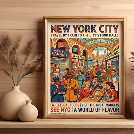 New York City food poster with illustration of people enjoying local foods in market stalls.