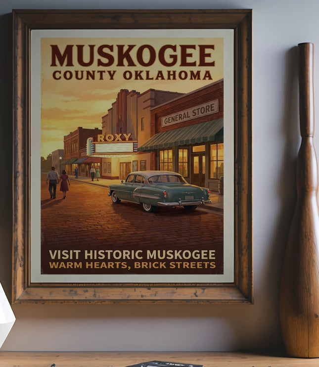 Poster of Muskogee, Oklahoma with a vintage car, Roxy theater, and general store.