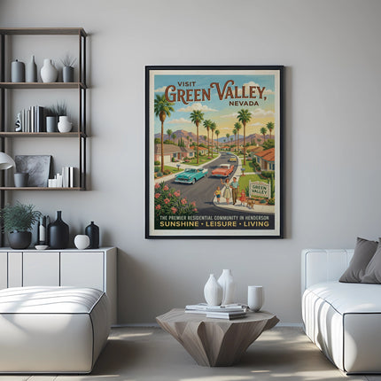 Vintage travel poster: Visit Green Valley, Nevada with palm trees and beach homes.