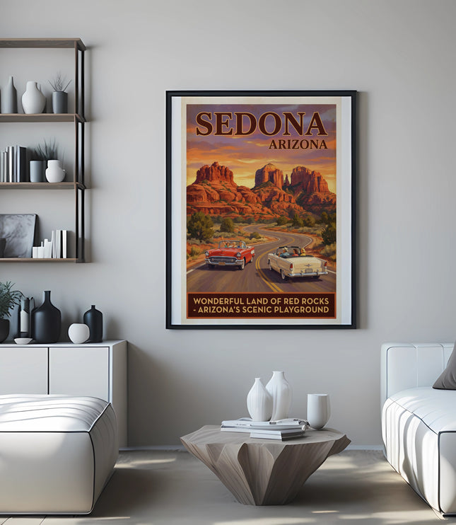 Framed "Sedona Arizona" poster featuring red convertible cars driving through red rock formations.