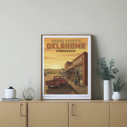 Vintage style poster of Pawhuska, Osage County, Oklahoma with a red truck.