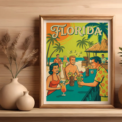 Framed vintage travel poster of people enjoying drinks at a Florida beach bar.