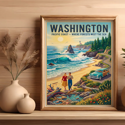 Washington Pacific Coast illustration with couple, vintage car, lighthouse, and ocean.