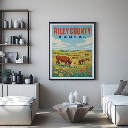 Riley County Kansas vintage poster with cows grazing in a field.