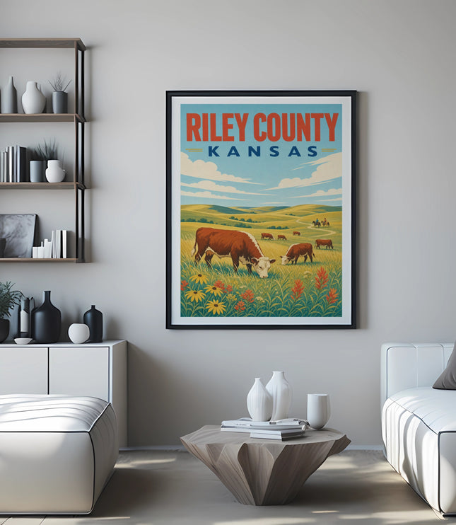 Riley County Kansas vintage poster with cows grazing in a field.