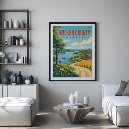 Poster of Wilson County, Kansas landscape with lake, barn, and rolling hills.