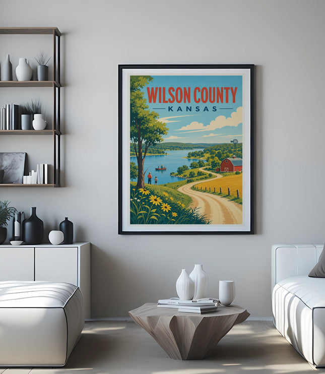 Poster of Wilson County, Kansas landscape with lake, barn, and rolling hills.