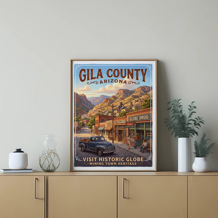 Retro poster of Gila County, Arizona with Globe town street, vintage truck and shops.