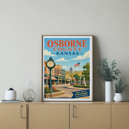 Osborne County Kansas vintage poster with buildings, clock tower, and text.