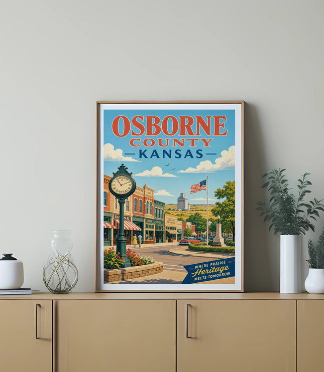 Osborne County Kansas vintage poster with buildings, clock tower, and text.
