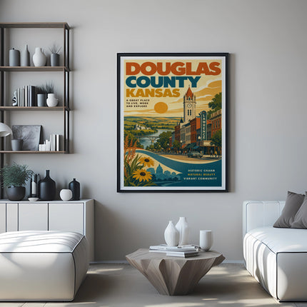 Douglas County, Kansas vintage travel poster with Lawrence landmarks.