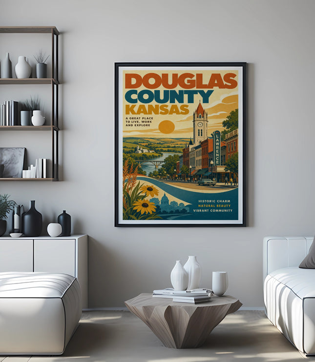 Douglas County, Kansas vintage travel poster with Lawrence landmarks.