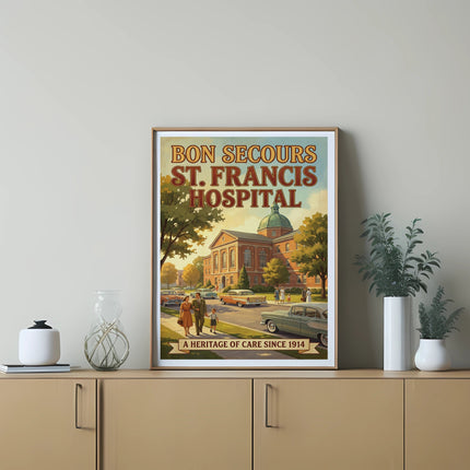 Poster of Bon Secours St. Francis Hospital, showing vintage cars and people on a street.