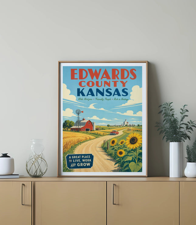 Edwards County, Kansas poster with sunflowers, farm, and inspirational text.