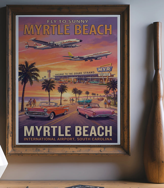 Vintage Myrtle Beach poster with planes, cars, and text "Fly to Sunny Myrtle Beach."