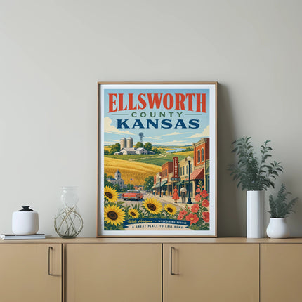 Ellsworth County, Kansas poster with sunflowers and welcome text.