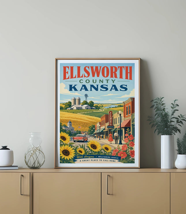 Ellsworth County, Kansas poster with sunflowers and welcome text.