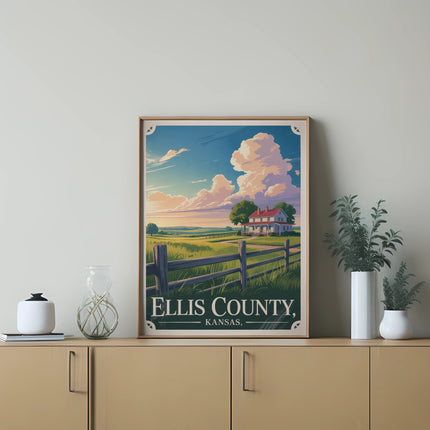 Framed art print of a rural farmhouse and fields under a dramatic sky.