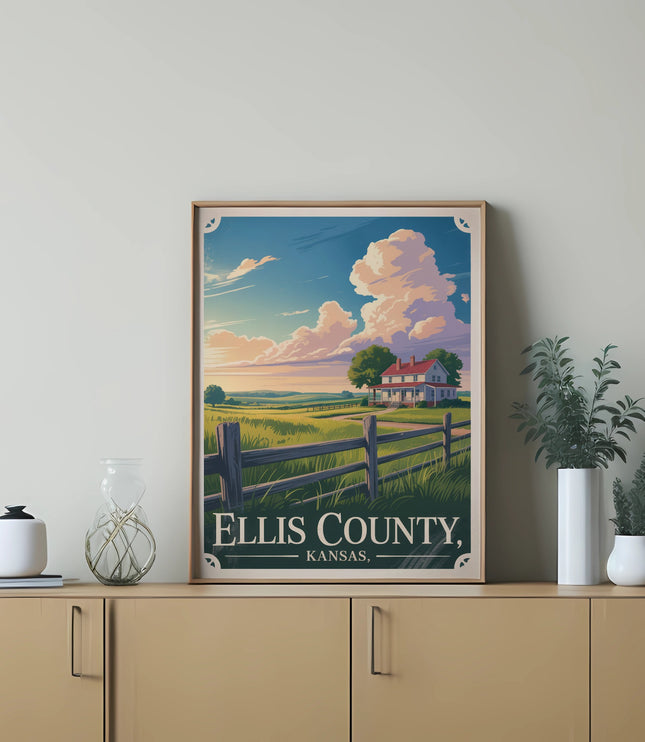 Framed art print of a rural farmhouse and fields under a dramatic sky.