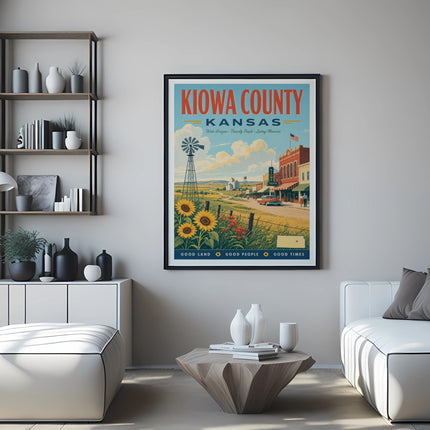 Kiowa County, Kansas vintage travel poster with windmill, sunflowers, and town scene.