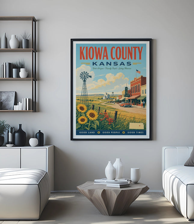 Kiowa County, Kansas vintage travel poster with windmill, sunflowers, and town scene.