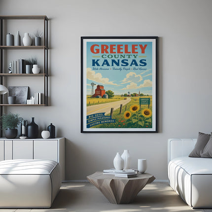 Greeley County Kansas poster with barn, sunflowers, and scenic landscape.