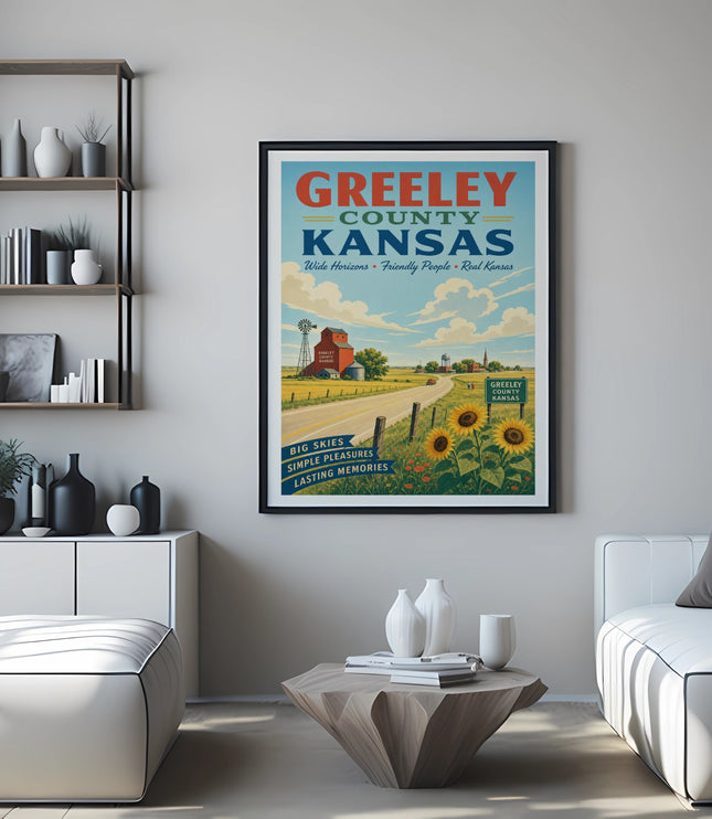 Greeley County Kansas poster with barn, sunflowers, and scenic landscape.