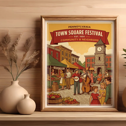 Framed poster depicts a Pennsylvania Town Square Festival with vendors and musicians.