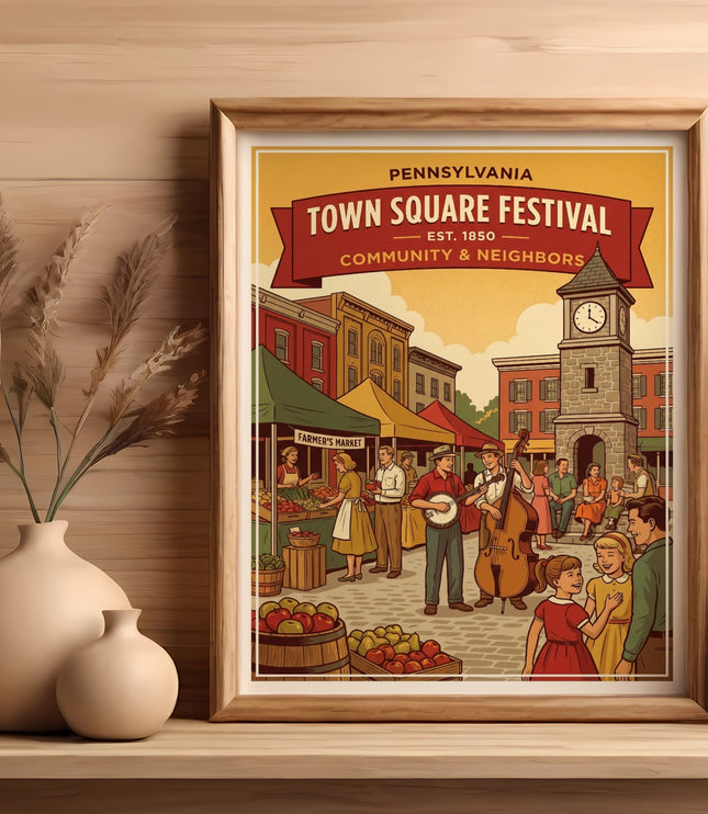 Framed poster depicts a Pennsylvania Town Square Festival with vendors and musicians.