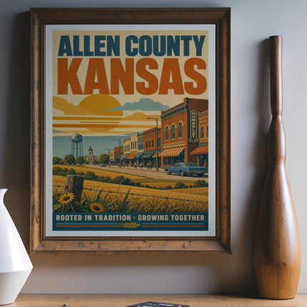 Vintage Allen County Kansas poster with stylized buildings and a water tower.