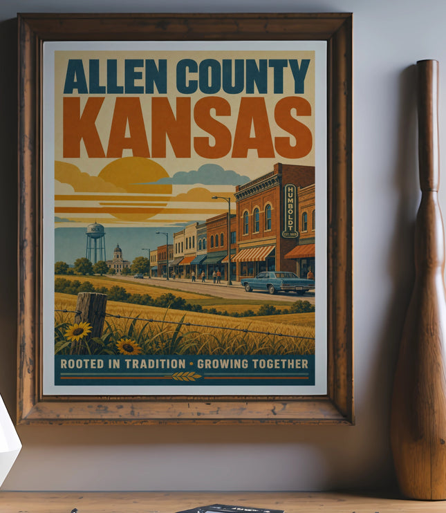 Vintage Allen County Kansas poster with stylized buildings and a water tower.