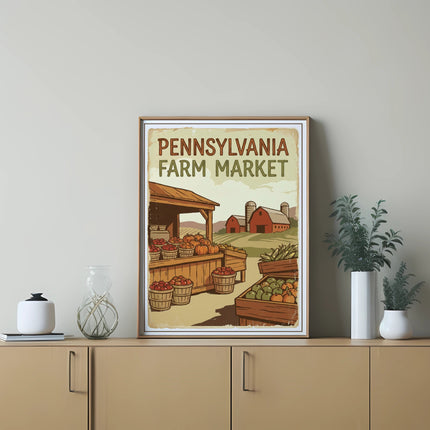 Framed artwork of Pennsylvania Farm Market with barns and produce.