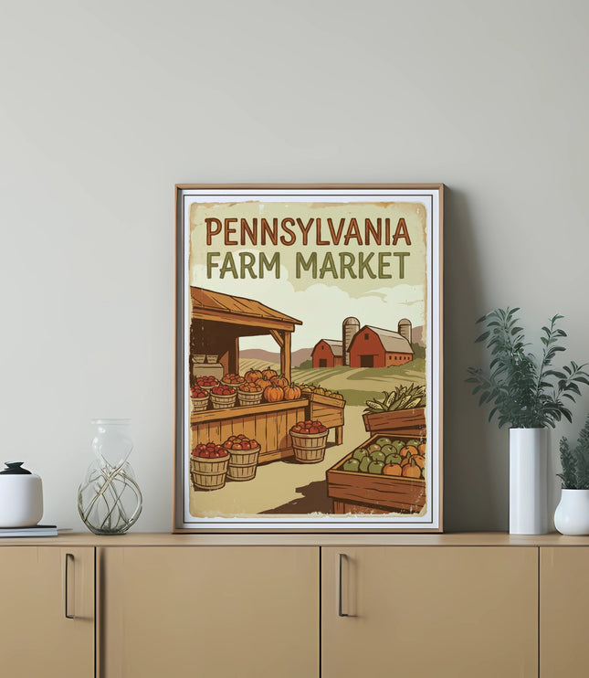 Framed artwork of Pennsylvania Farm Market with barns and produce.