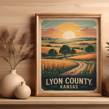 Framed poster of a rural landscape with text "Lyon County, Kansas".