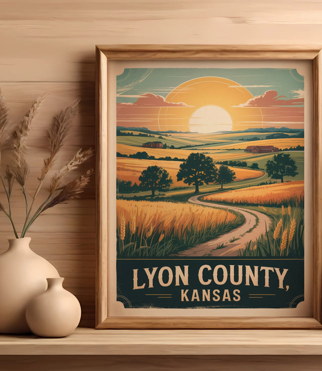 Framed poster of a rural landscape with text "Lyon County, Kansas".