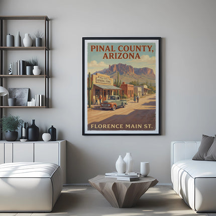 Poster with Pinal County, Arizona and Florence Main St. text featuring a vintage general store.